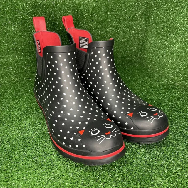 Bobs Skechers Women’s Black Cat Rubber Rain Boots Kitty Polka Dot Shoes Size 9