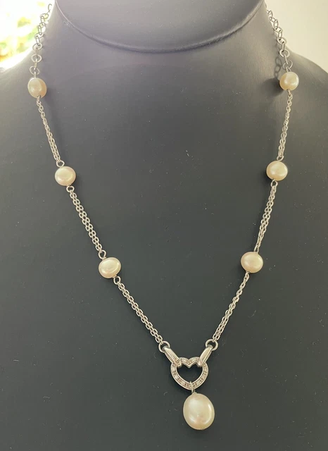 Ernest Jones Sterling Silver Heart & Pearl Diamond Necklace