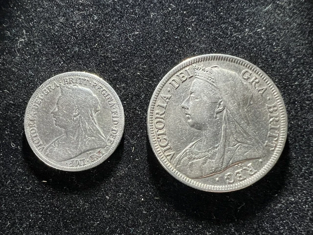1900 Queen Victoria Half Crown And Shilling British Sterling Silver Coin