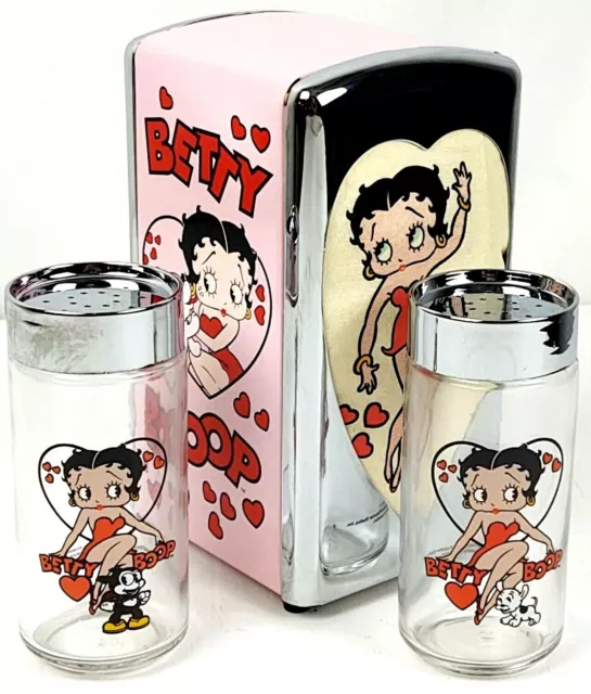 Betty Boop Napkin Dispenser + Xtra Napkins + Salt & Pepper Shakers Clear Glass