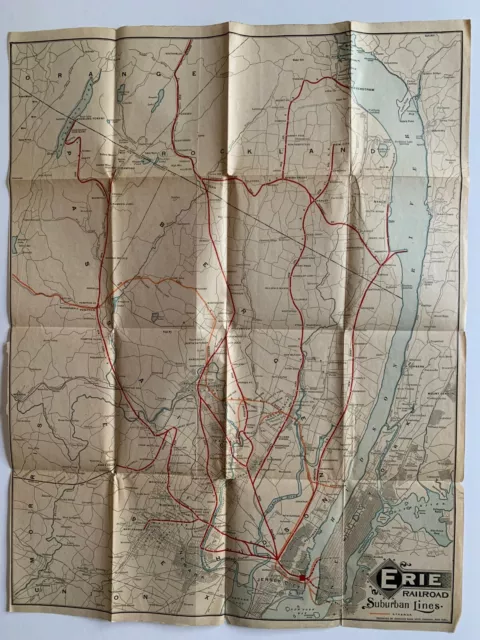 Vintage c1900s Erie Railroad Suburban Lines Map NYS&WRR NYC Bergen County NJ NY