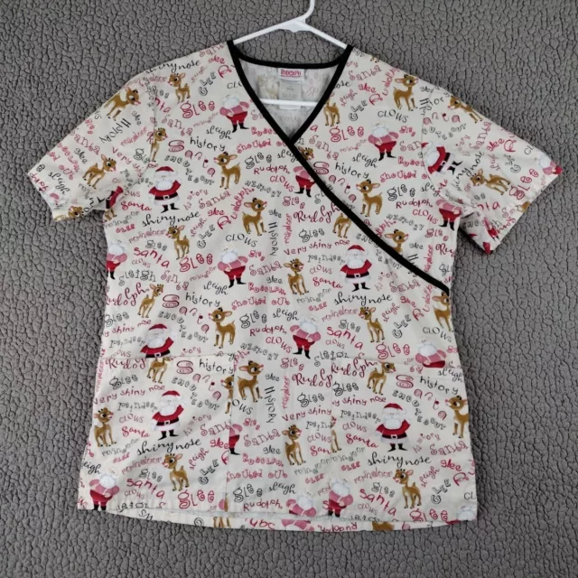 Rudolph The Red-Nosed Reindeer Scrub Top Womans Small Christmas V-Neck White