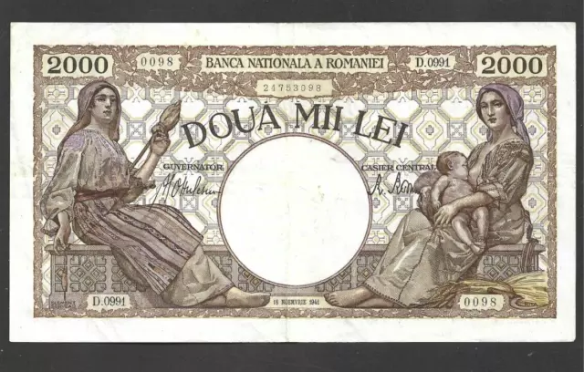 2000 Lei Very  Fine Crisp Banknote From Romania 1941  Pick-53