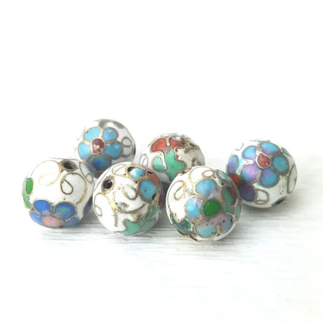 Vintage White with Mixed Color Flower Cloisonne Chinese Enamel 12mm 6Beads 