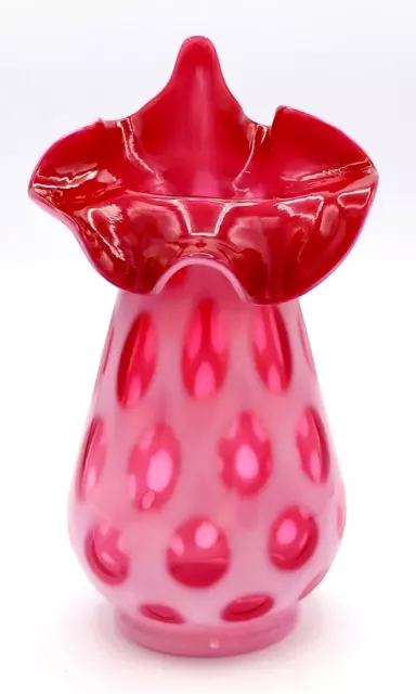 Vintage FENTON Cranberry Jack In The Pulpit Coin Dot Art Glass Vase Fenton Mark