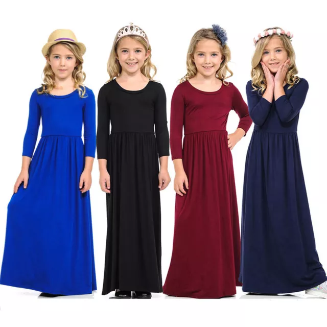 Kids Toddler Girls Dress Above Knee Dress Long Sleeve Solid Long Dress Princess