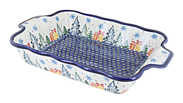Blue Rose Polish Pottery Christmas Morning Medium Rectangular Baker with Handles
