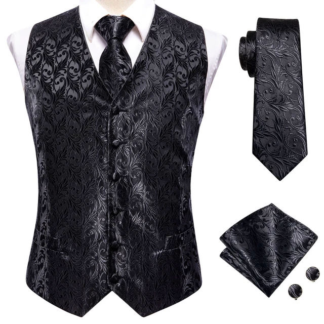 UK Mens Vest Suit Paisley Floral Waistcoat Blue Black Gold Silk Tie Set Jacket 9