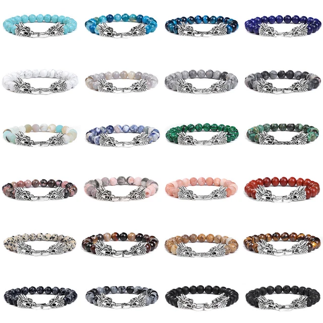 8mm Natural Gemstone Double Dragon Hook Healing Energy Agate Stone Bead Bracelet