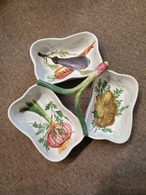 Vintage Majolica Divided 3 Piece Pottery Bowl Serving Dish Italy #'d Vegetables