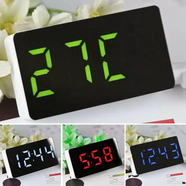 Silent Bedside Snooze LED Alarm Clock Large Screen Mirror Night Digital Clock