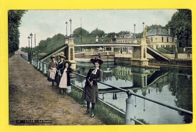 cpa Ecrite en 1909 LILLE (Nord) La DEULE Animés Passerelle Péniches