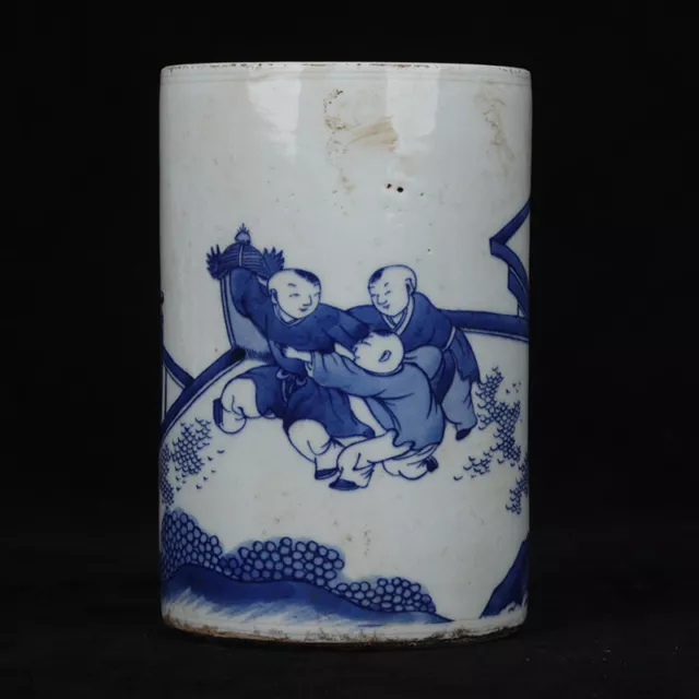 6.6" Collect Chinese Qing Blue-and-white Porcelain Children Play Games Brush Pot