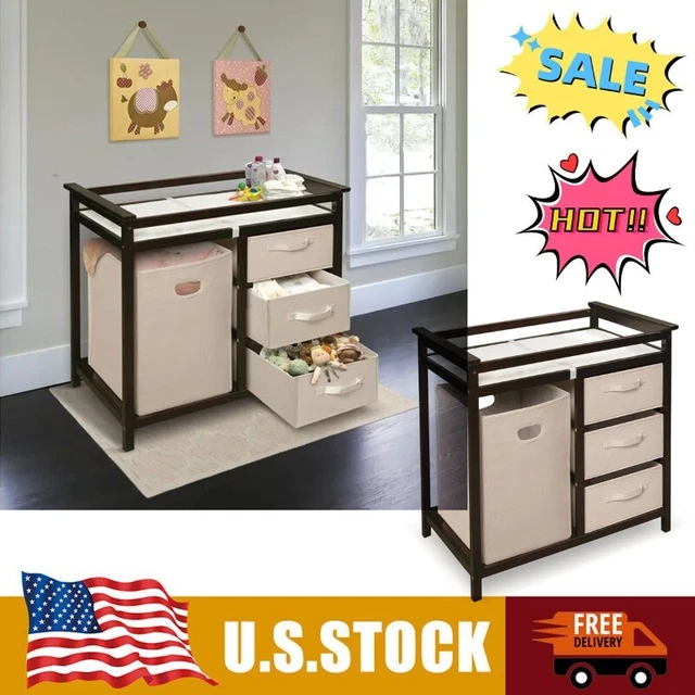 NEW Modern Baby Changing Table with Hamper and 3 Baskets, Includes Pad USA