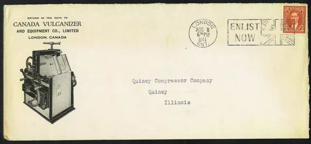 Canada 1941 Wartime "Enlist Now" Cancel On Advertising Cover For Canada Vulcaniz
