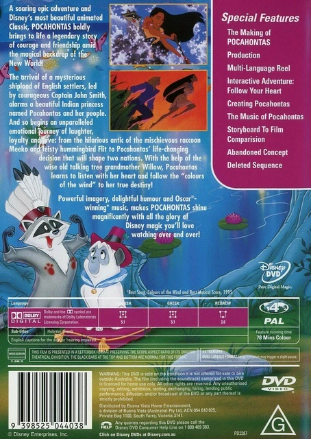 Pocahontas DVD (Region 4) VGC Walt Disney Classics Collection 2