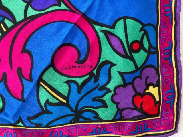 Liz Claiborne Vintage 70s Multicolor Floral Square Silk Scarf 31"