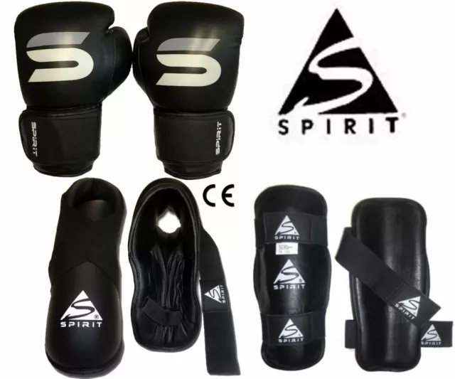 Spirit Kickboxing Sparring Set inc Leather Boxing Gloves, PU Boots and Shins