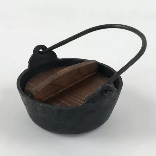 Japanese Cast Iron Small Size Hanging Stew Pot Vtg Nanbu Tekki Wooden Lid T108