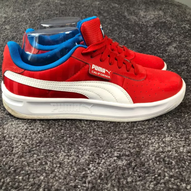 Puma California Sneakers Womens 9 Red Leather Perforated Tennis Shoes Blue Trim