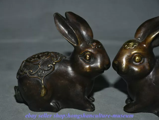 4.8 " China Bronze Gilt Fengshui 12 Zodiac Year Animal Rabbit Wealth Statue Pair 2