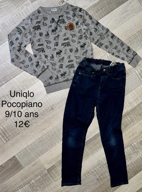 Uniqlo Pocopiano 9/10 ans GARÇON: Sweat Gris Animaux + Jean Hiver