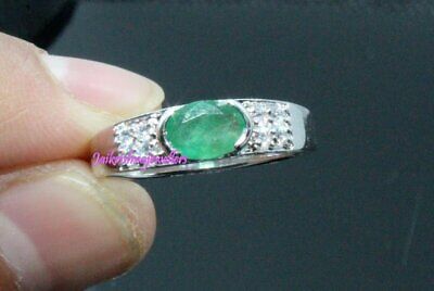 10k Solid Gold White Diamond Ring, Green Gemstone Ring, Natural Emerald Ring