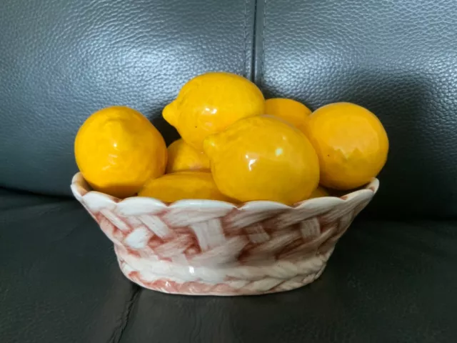 Vintage Italian Majolica Woven Ceramic Basket of Lemons Italy