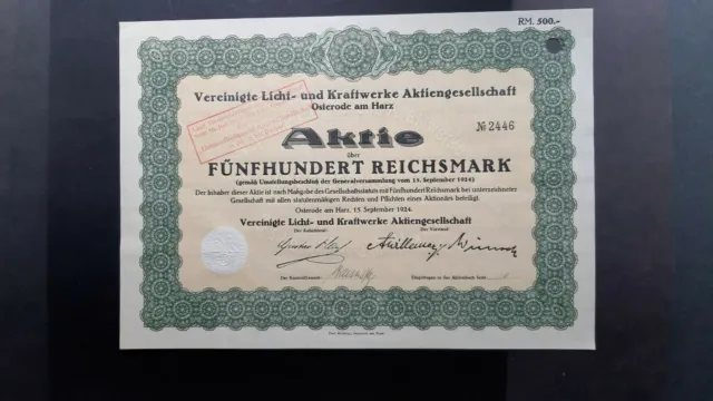 Vereinigte Licht- und Kraftwerke AG 500 RM 1924 Osterode am Harz