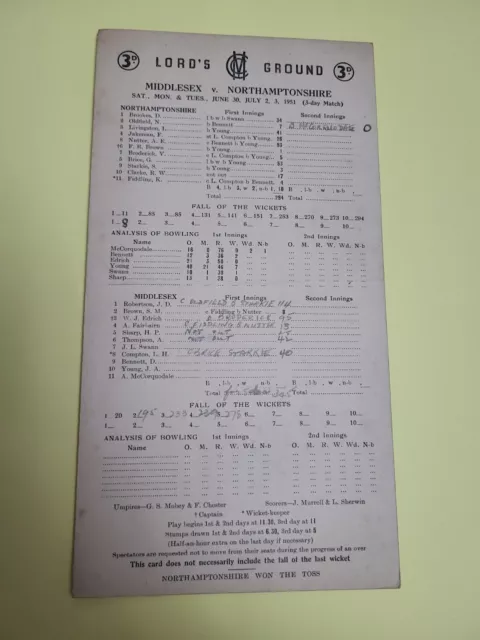 Middlesex v Northamptonshire ~ Cricket Scorecard 1951 ~ Lord's Ground Free Post