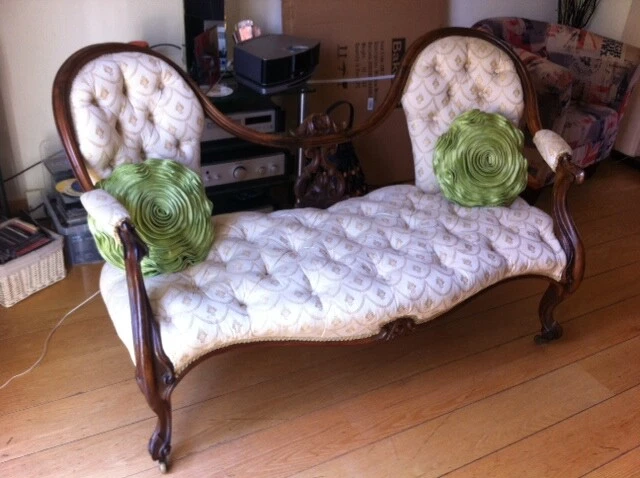 Large Carved Victorian Antique Walnut Upholstered Sofa ( Re Upholstered )
