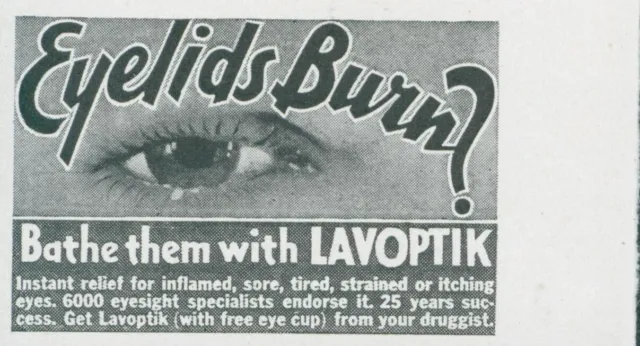 1936 Lavoptik Treat Eyelid Burn Eye Bathe Them Instant Relief Vtg Print Ad GH1