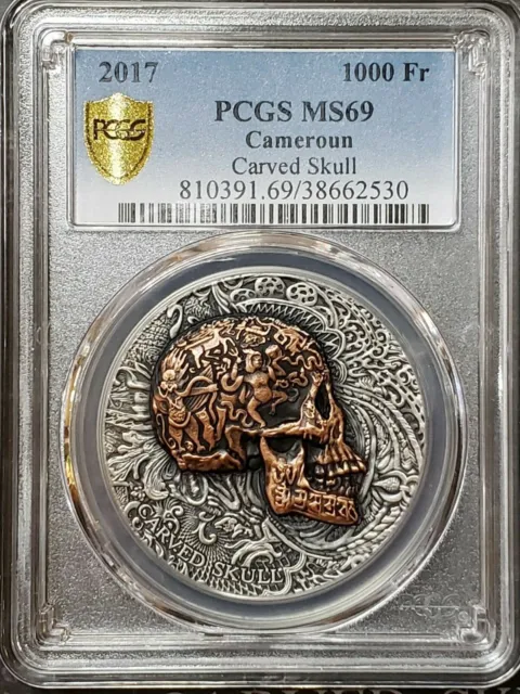 2017 Cameroun 1 oz Silver Carved Skulls Carved Skull PCGS MS69 Antique Finish