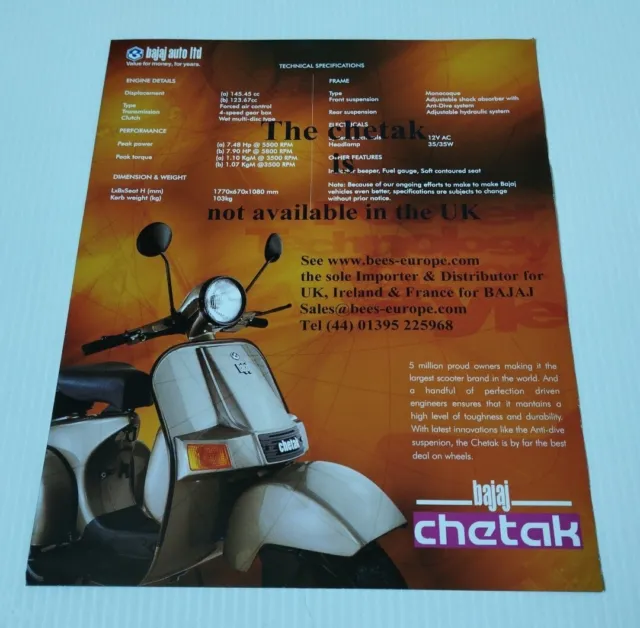 Bajaj Chetak, Classic SL de 2002 Version 2 UK Prospectus Catalogue Brochure Moto