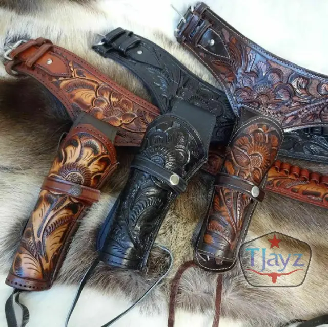 Leather Western Tooled Ammo Holster Gun Drop Loop Fast Draw Rig Sass Gun Belt