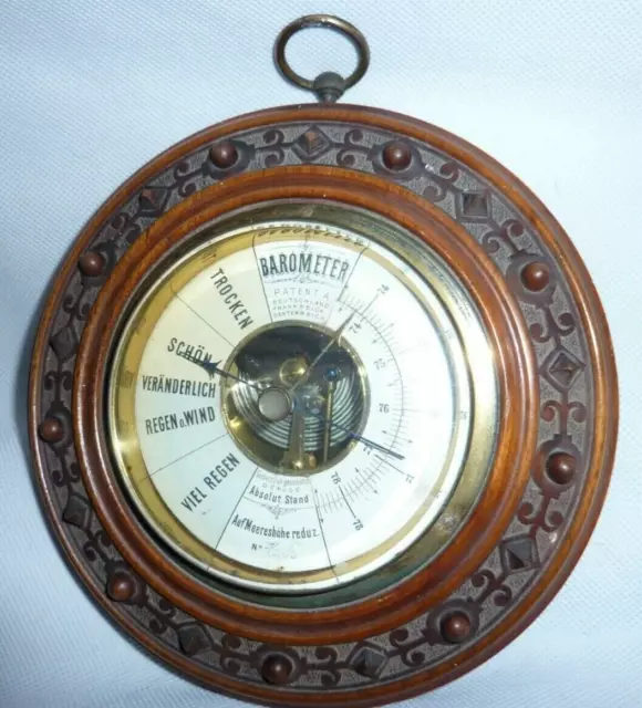 Vintage German Brass & Wood Carved Round Barometer Weather Station