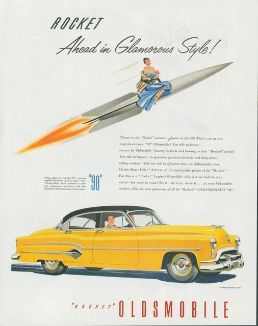 1951 Oldsmobile Rocket 98 Woman Sitting On Rocket In Gown Vintage Print Ad SP15