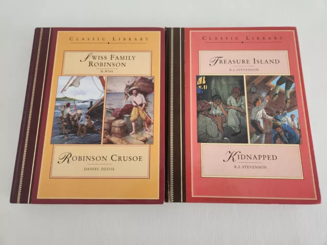 Classic Library 4x Stories In 2x Books Treasure Island, Robinson Crusoe, Swiss F