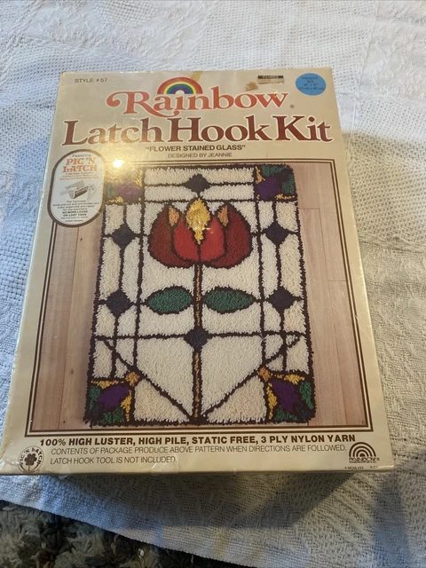 Large Rainbow Flower Stained Glass Hook Rug Wall Hanging NEW Vintage