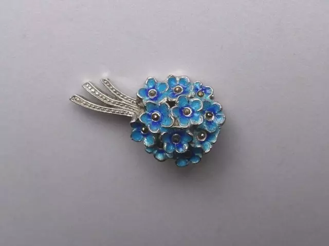 Vergissmeinnicht - Blüten Brosche - 935 Silber - Markasiten - blaue Emaille