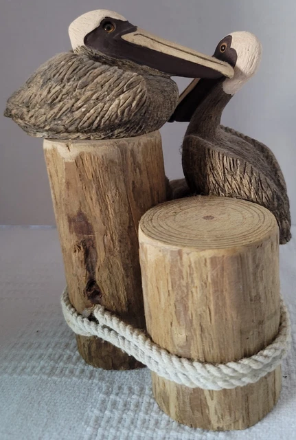 Vtg Hand Carved Wooden Pelican Family On Posts Signed Excellent Used Condition