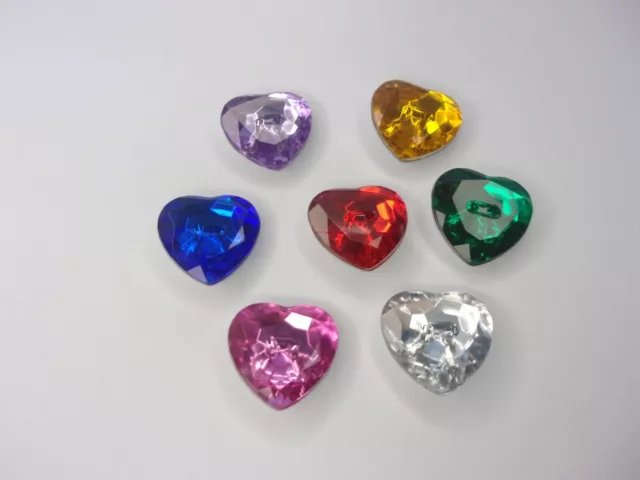 6 x Sparkly Acrylic Crystal Heart Buttons Silver Backed Choice Of Size & Colour