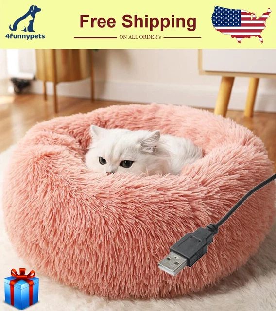 Warm Plush Round Donut Pet Dog Cat Bed Fur Cuddler Soft Puppy Calming Bed + USB