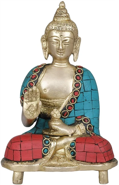 Tibetan Buddhist Blessing Buddha Brass Figurine Statue with Inlay Work