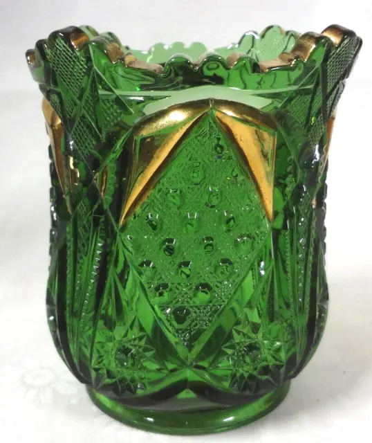 VHTF c1890 EAPG GREEN & GILT Early American Pattern Glass SPOONER - TOP COND.