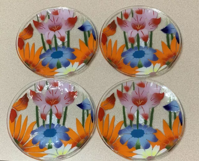 Signed William McGrath Inkogneto Fusion Art Glass 8" (4) plates "Wild Flowers”