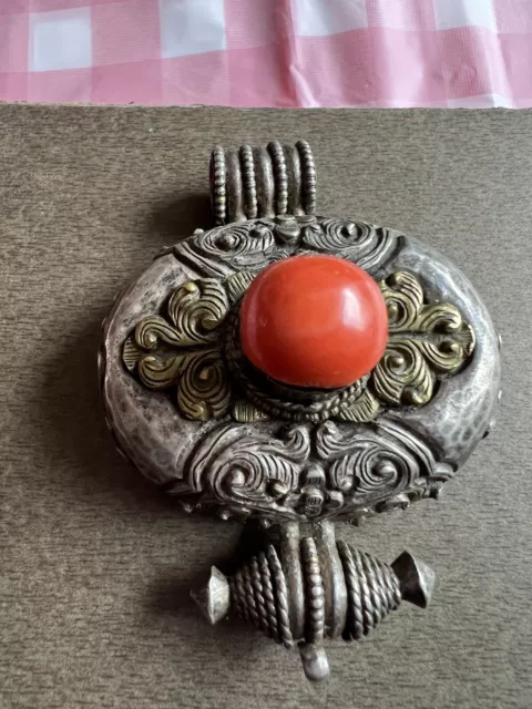 Antique TIBETAN GAU Silver Copper Coral Buddhist Prayer Box Patina 2.5” RARE