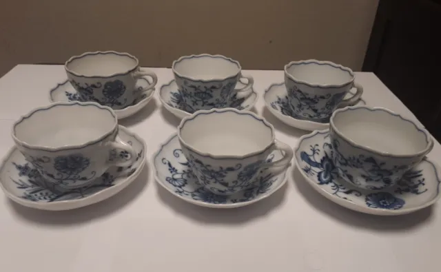 Antique Teichert Meissen Blue Onion Tea Cups & Saucers, 6 Cups and 6 Saucers