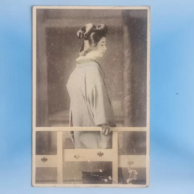 Geisha Girl Postcard C1915 Hair Style Blue Kimono Hand Tinted Japan