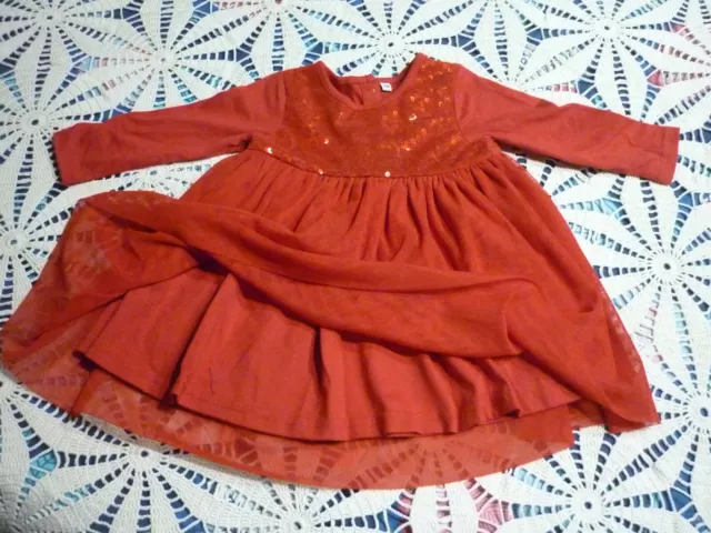 Robe Bebe Fille 12 Mois Soit 74 Cms Soit 1 An Rouge Manches Longues 100% Neuve !